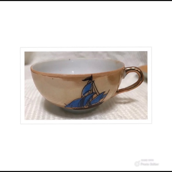 JAPAN TEACUP TEA CUP SAUCER PORCELAIN SET BOATS MOTHER OF PEARL PAINTED VINTAGE - Picture 6 of 10